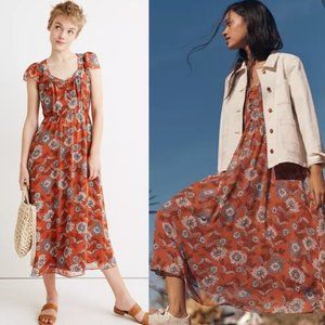 Madewell Sheer-Sleeve Button-Front Midi Dress in Gathered Blooms